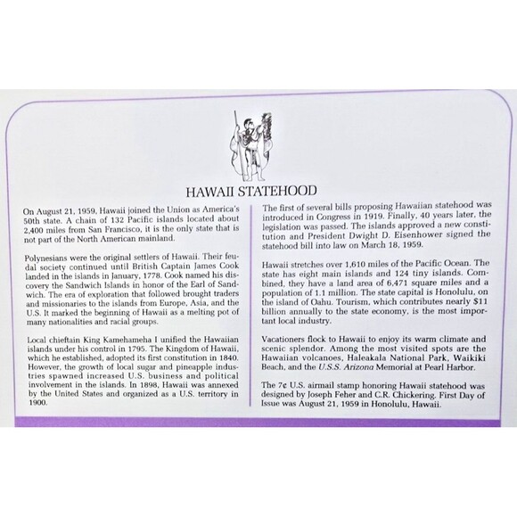 Hawaii Statehood Commemorating The Admission Of Hawaii 1959 FDC - Picture 3 of 3